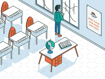 Empty classroom book character classroom design desk illustration isometric poster robot student teacher window