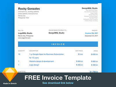 FREE Invoice Template Designed By DesignMNL Studio business design designmnl document dribbble free download invoice invoicing project management sketch app startup template