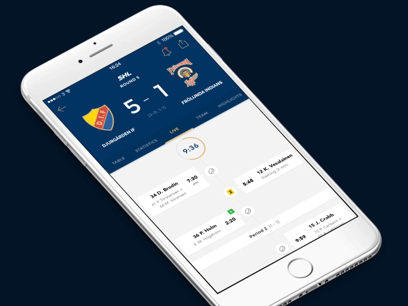 Djurgården hockey match details scroll animation app clean feed hockey interaction ios live parallax principle scroll tab