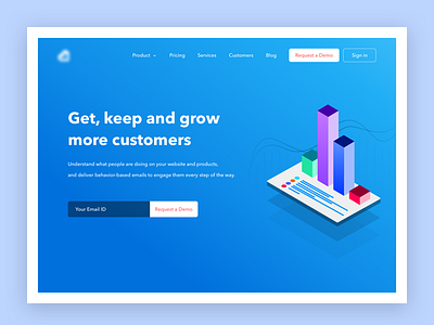 ioMetrics - Landing Page Design get keep grow customer data illustration landing page light mobile webpage website