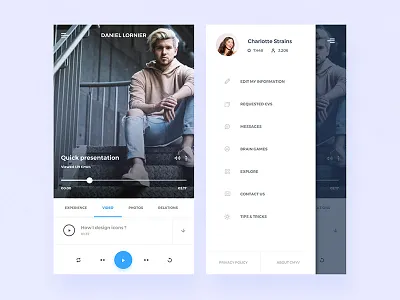 Resumes Videos Explorer app left menu mobile navigation bar resume shrinked unsplash video