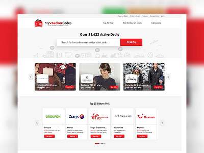 Refreshing new design for Voucher site clean code coupon deals icons illustrations minimal red search voucher white