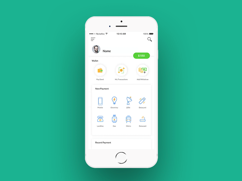 Recharge App android animation app gif ios iphone mobile principle recharge ui ux wallet