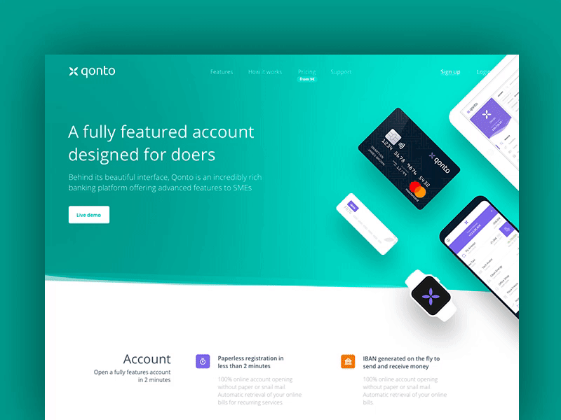 Qonto - Features agency animation bank clean me qonto ui ux waves website