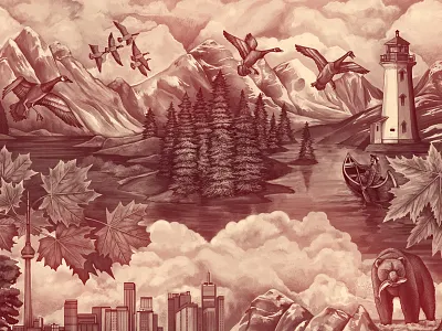Whittaker's Canada bear city clouds digital painting geese illustration leaf lighthouse maple mountain ocean texture