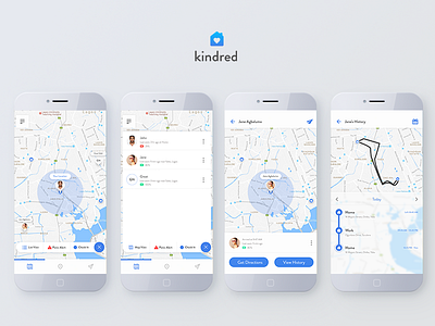 Kindred: User history work-flow android app blue history interface ios kindred map uiux white