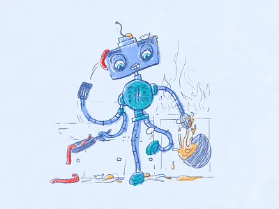 Brunch Bot 3000 bacon blue bowl breakfast eggs mechanical pan photoshop robo robot spatula wacom