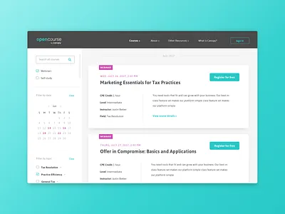 OpenCourse by Canopy cards ce cpe filter interactive online courses sidenav tax teal turquoise ui ux