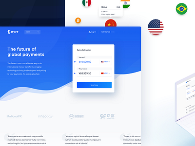 Wyre Homepage calculator currency dashboard desktop flag homepage payments rates transfers wavy wire wyre