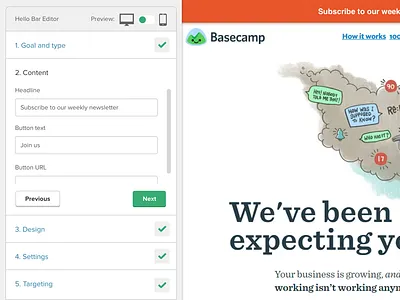 Hello Bar editor redesign builder edit editor form input interaction interface minimalist navigation ui ux web app