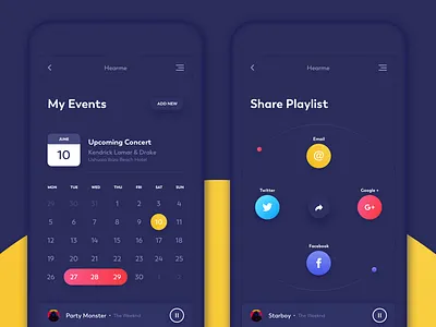 Calendar and Share screens (dark theme) app calendar clean dark design digital gradient illustration mobile music purple share