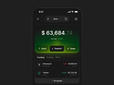Crypto wallet—concept app balance crypto dark mode dashboard deposit design exchange finance funding mobile nft product swap trading transactions transfer ui ux wallet