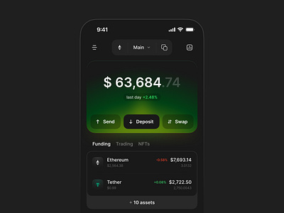 Crypto wallet—concept app balance crypto dark mode dashboard deposit design exchange finance funding mobile nft product swap trading transactions transfer ui ux wallet