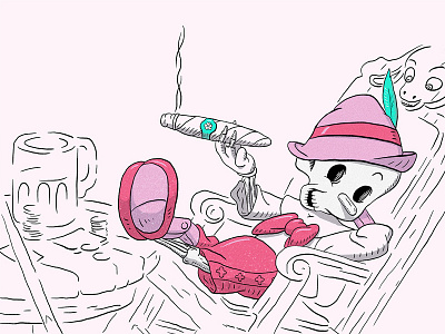 I'm a Real Boy billiards draw illustration pink pinocchio pool skeleton skull smoking