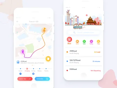 Bus Line App Interface buses colorful buttons icons illustrations lines maps traffic