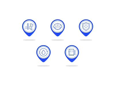 City in the Cloud Map Markers blue education healthcare icons marker public safety transportation water