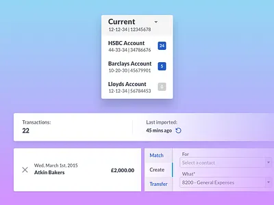 Bank Feeds Interface bank feeds banking card card pattern dropdown menu menu product design sage one ui user interface