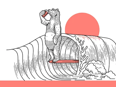Bear Coast Coffee barrel etch etching hands illustration surfing vector wave