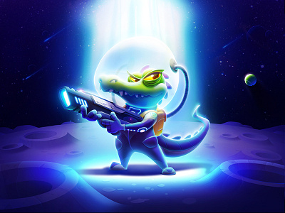 Croc animal art artua character croc design gun illustration planet space
