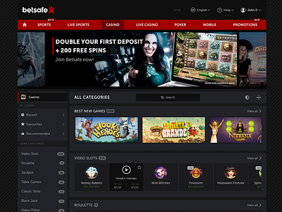 Casino Lobby banner betting casino categories dark games igaming play slider thumbnails
