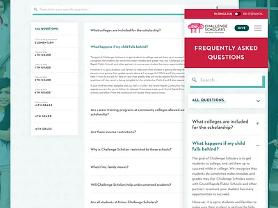 Challenge Scholars FAQs accordion answers faq faqs panel questions results search ui ux web website