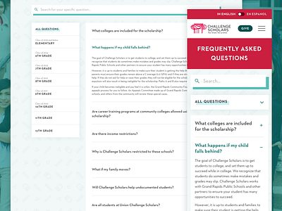 Challenge Scholars FAQs accordion answers faq faqs panel questions results search ui ux web website