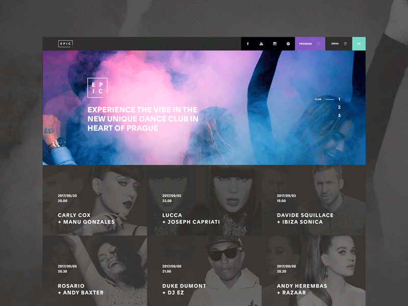 Webdesign for the Epic club branding club colourful dance music vibe webdesign