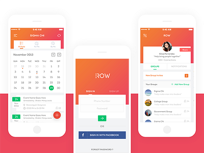 Row - Social App app calendar clean design interface product profile signin social app ui user interface ux