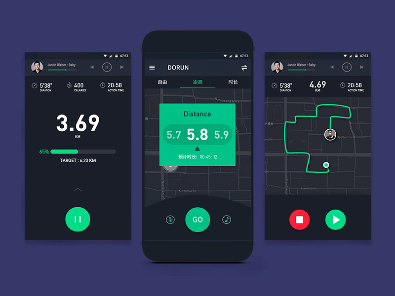 Run Tracker animation dark fitness graph interface map material run speed sport tracker