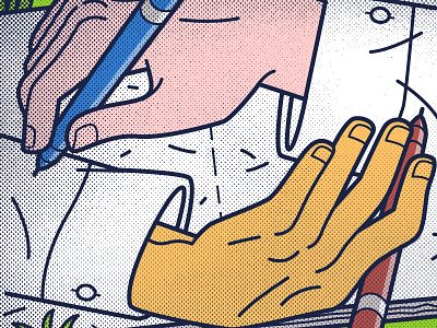 Final Agile Marketing piece doodling field halftone hands mc escher notebook pens sketching vector