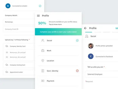 User Profile Screens account app credit card discounts document facebook gradient linkedin profile tabs ui work