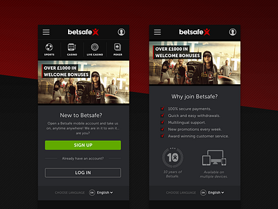 Landing Page - Mobile dark gambling igaming landing page login mobile register selling points welcome