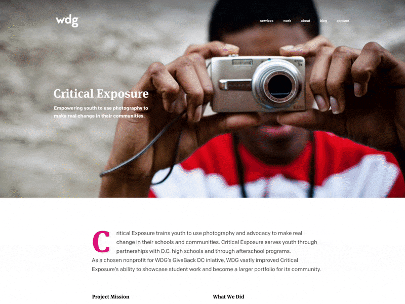 WDG Case Study - Critical Exposure agency big typography case study large type nonprofit photography presentation project view web design work display