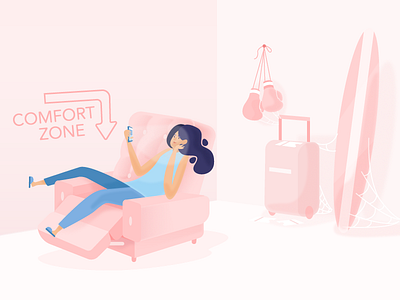 Status Quo Bias Illustration for Evree chill evree finance flat girl house illustration noise plan surf trip