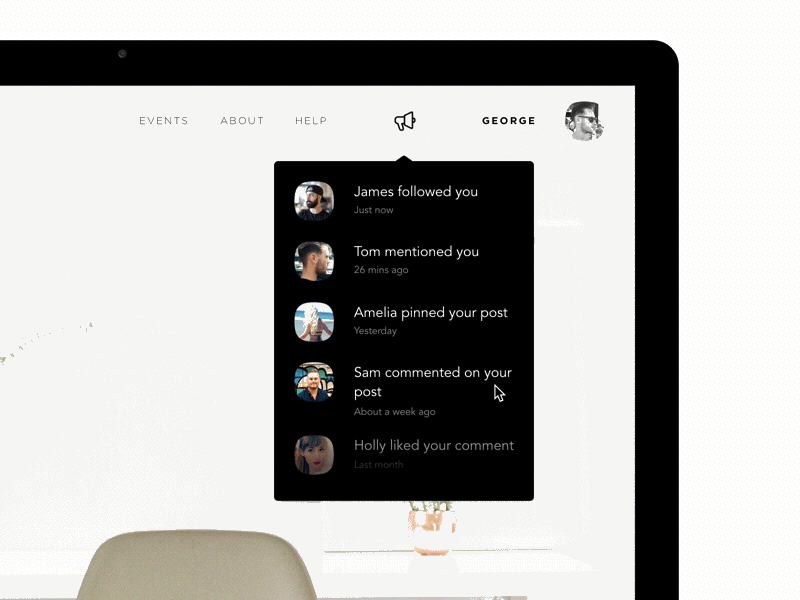 π Notification quick preview β hover interaction dropdown hover icon interaction minimal notification notifications principle profile user