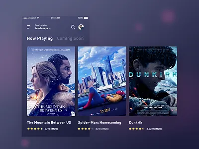 Exploration Cinema App app cinema clean dark gradient imdb minimal mobile movie rating ticket ui