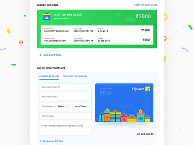 Flipkart Gift Cards account balance ecommerce flipkart flipkart gift card gift gift card illustration profile settings shopping ui