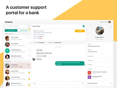 Customer support app banking card chat conversations customer support history messaging web