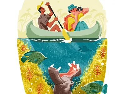 Victoria Falls boat canoe danger drawn editorial fish hippo paddle painting people raft water