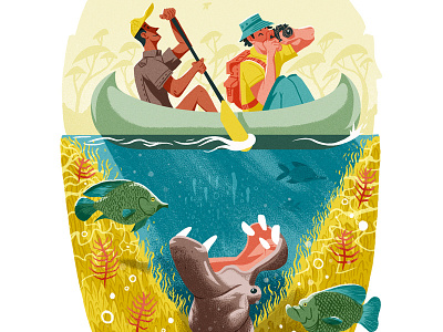 Victoria Falls boat canoe danger drawn editorial fish hippo paddle painting people raft water