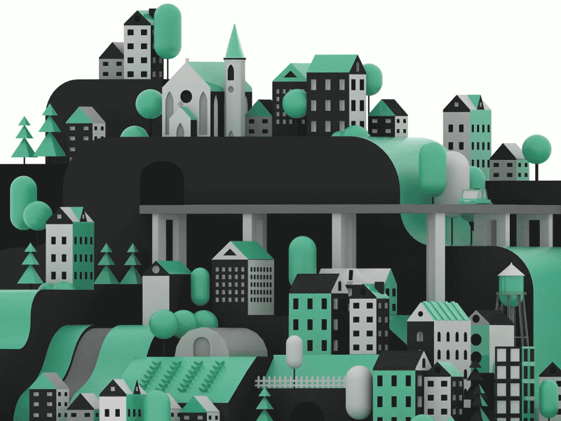 Mt. Adams buildings c4d car cincinnati green simple train trees