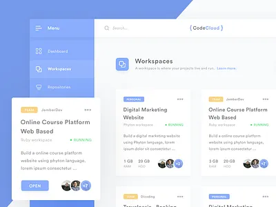 CodeCloud - Development Environment in the cloud card clean cloud code dashboard exploration ide material minimal ui web workspace