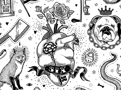 Candy & Iron dog drawing flag flash sheet fox heart illustration iron lock moth rose tattoo