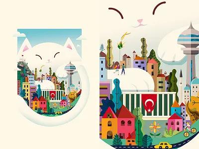 "The Embrace" / BaÅŸkakent - Other City Ankara Exibition angora ankara buildings capital cat city demet kural embrace exibition flag illustration paw