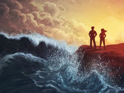 Stand Firm digital painting illustration ocean people rock silhouettes storm turbulent water waves