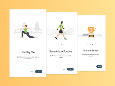 StayFit Onboarding Illustrations android material design app explainer graphics explanation tour fitness product health illustrations minimal design ux ui registration