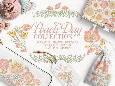 Peach Day collection design floral flower frame glitter pattern seamless pattern surface design vector