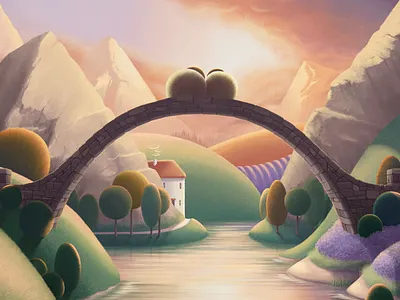 Bridge Over The River Ewe art bridge cottage hills illustration landscape mountains pastel print river sheep sky