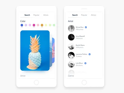 Unsplash 2.0 app card clean flat ios app menu minimal mobile navigation pastel photography ui ux