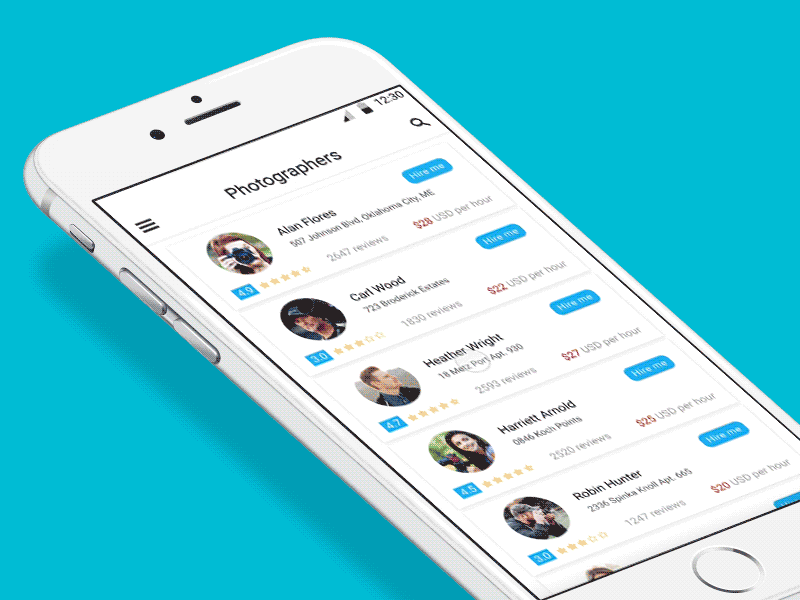 Hire Up android animation app apple hire ios iphone mobile photographer principle ui ux